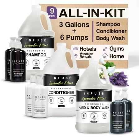 Infuse Lavender Mint Gallon & Dispenser Set | 1-Shoppe Amenities Kit | Shampoo, Conditioner, Body Wash | Refillable 10.14 oz Pump Bottles