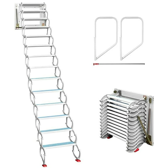 INTBUYING Wall-Mounted Attic Folding Ladders with Armrests Al-mg Alloy White