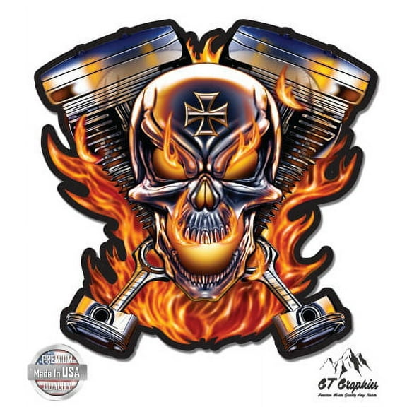 Skull Metallic Mechanic - 3" Vinyl Sticker - For Car Laptop I-Pad Phone Helmet Hard Hat - Waterproof Decal