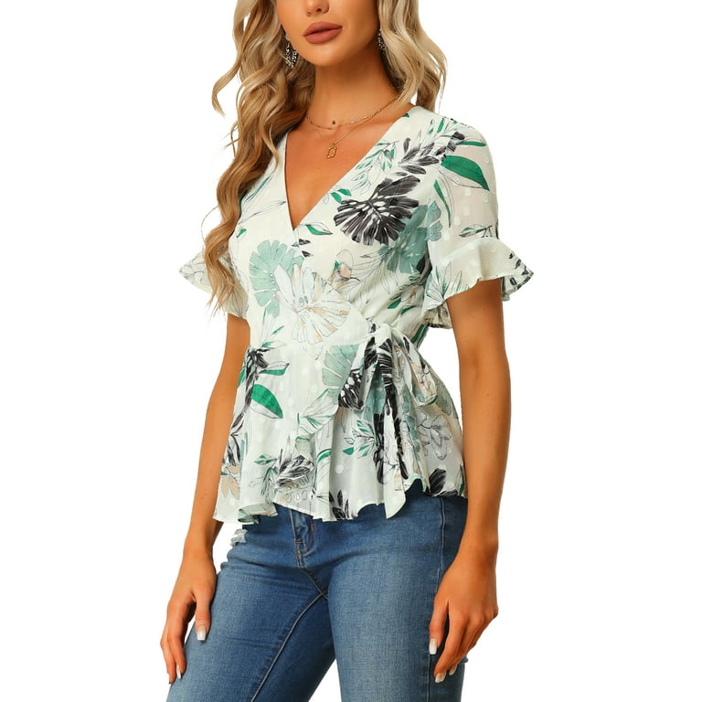 Allegra K Women's Wrap Peplum Top Blouse Tie Waist Short Sleeve Ruffle  Floral V Neck Belted Shirts Yellow X-Small : : Clothing, Shoes &  Accessories