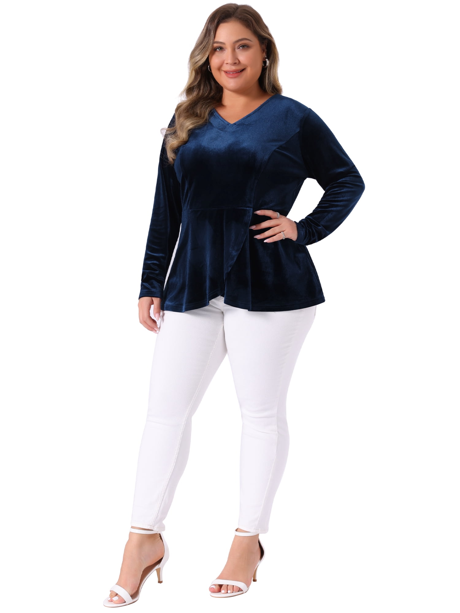 DARING DIVA Women's Plus Size Retro Velvet Tulip Hem Long Sleeve Blouse 3X Dark Blue