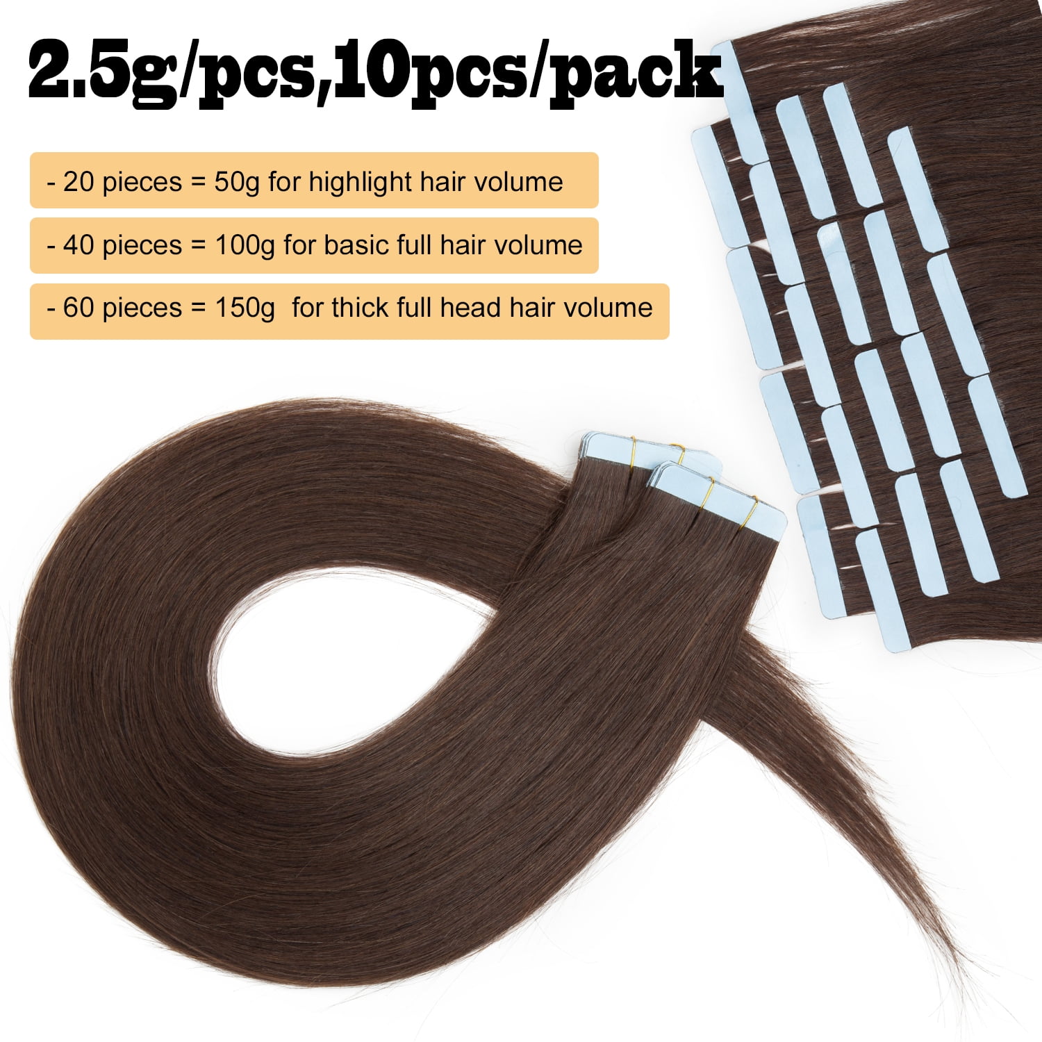 Benehair Tape In 100% Real Remy Human Hair Extensions Seamless Skin Weft Thick Glue Straight Women Brown 10-20pcs 12inch