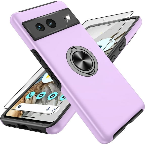 Pixel 7 Case, Google Pixel 7 Case with HD Screen Protector, Shockproof Google Pixel 7 Phone Case with 360° Magnetic Ring Holder Kickstand Phone Case for Google Pixel 7 Purple