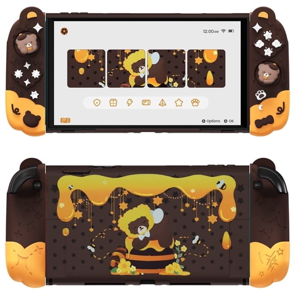 PlayVital Good Night Bear Dockable Protective Case for Nintendo Switch 2 - Brown Detachable Silicone Joycon Grips with Thumbs Caps