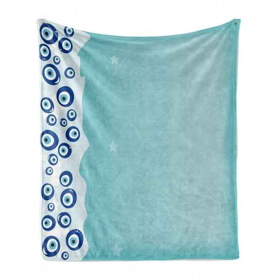Evil Eye Soft Flannel Fleece Throw Blanket, Protective Vertical Border Abstract Faded Tones with Tiny Stars, Cozy Plush for Indoor and Outdoor Use, 50" x 60", Baby Blue Pale Blue, by Ambesonne