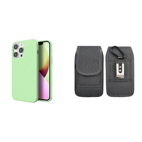Slim Silicone Case and Belt Holster Pouch for iPhone 14 Pro Max (Mint Green/Gray)