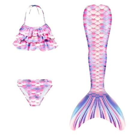 Girls Swimsuits Size 7-8 Little Girl Fashion Cute Mermaiden Tails for Swimming Bathing Suit Ruffle Bikini Tops Shorts Tails 3 Piece Swimwear Outfits X05 Pink 12-13 Years