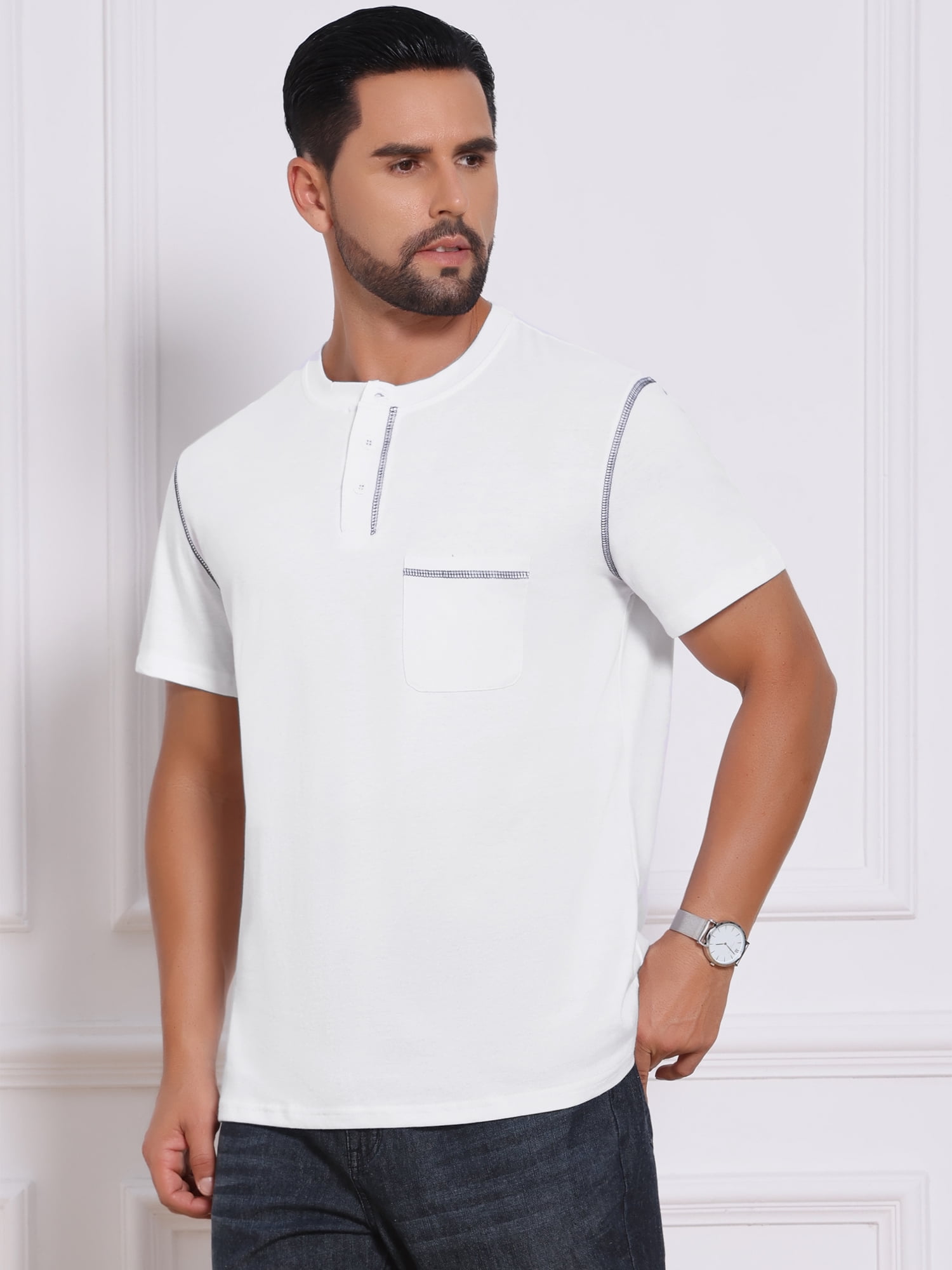 DARING DIVA Men's Henley Crew Neck Short Sleeve Button Down T-Shirt M White