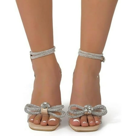 

ZBCHLS Women s Rhinestone Ankle Strap Heeled Sandals Square Toe Stilettos High Heels Pumps Lace Up Sparkling Wedding Bridal Dress Shoe