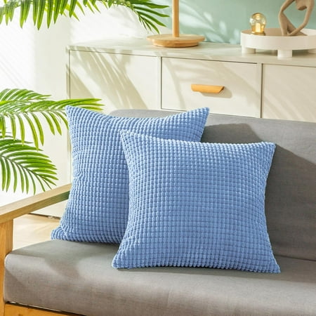 

CaliTime Pack of 2 Comfy Throw Pillow Covers Cases for Couch Sofa Bed Decoration Comfortable Supersoft Corduroy Corn Striped Both Sides 16x16 Inches Grey Blue