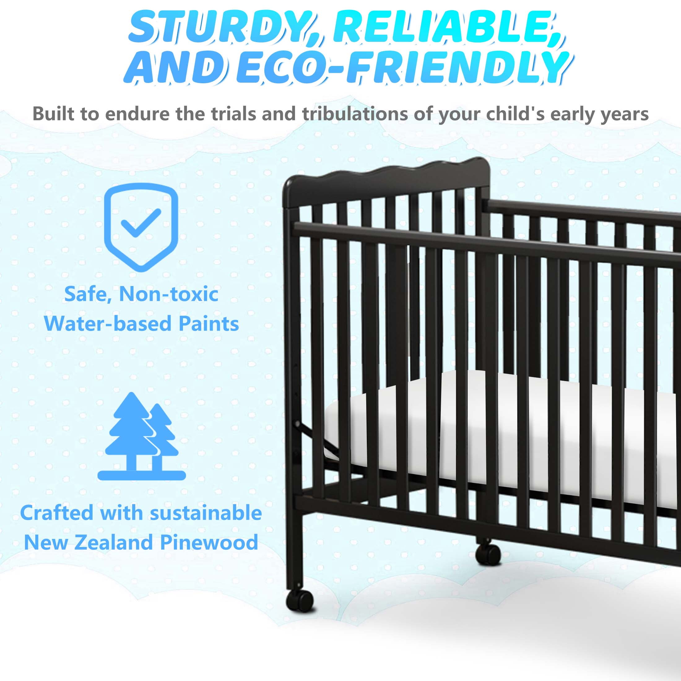 Sesslife 3-In-1 Convertible Crib, Black Baby Bed with Locking Wheels, Converts from Baby Crib to Toddler Bed, Fits Standard Full-Size Crib Mattress(Not Included)