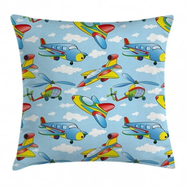 Kids Decor Throw Pillow Cushion Cover, Cartoon Planes and Helicopters in the Air between Clouds Nursery Toy Artwork, Decorative Square Accent Pillow Case, 16 X 16 Inches, Blue Yellow, by Ambesonne