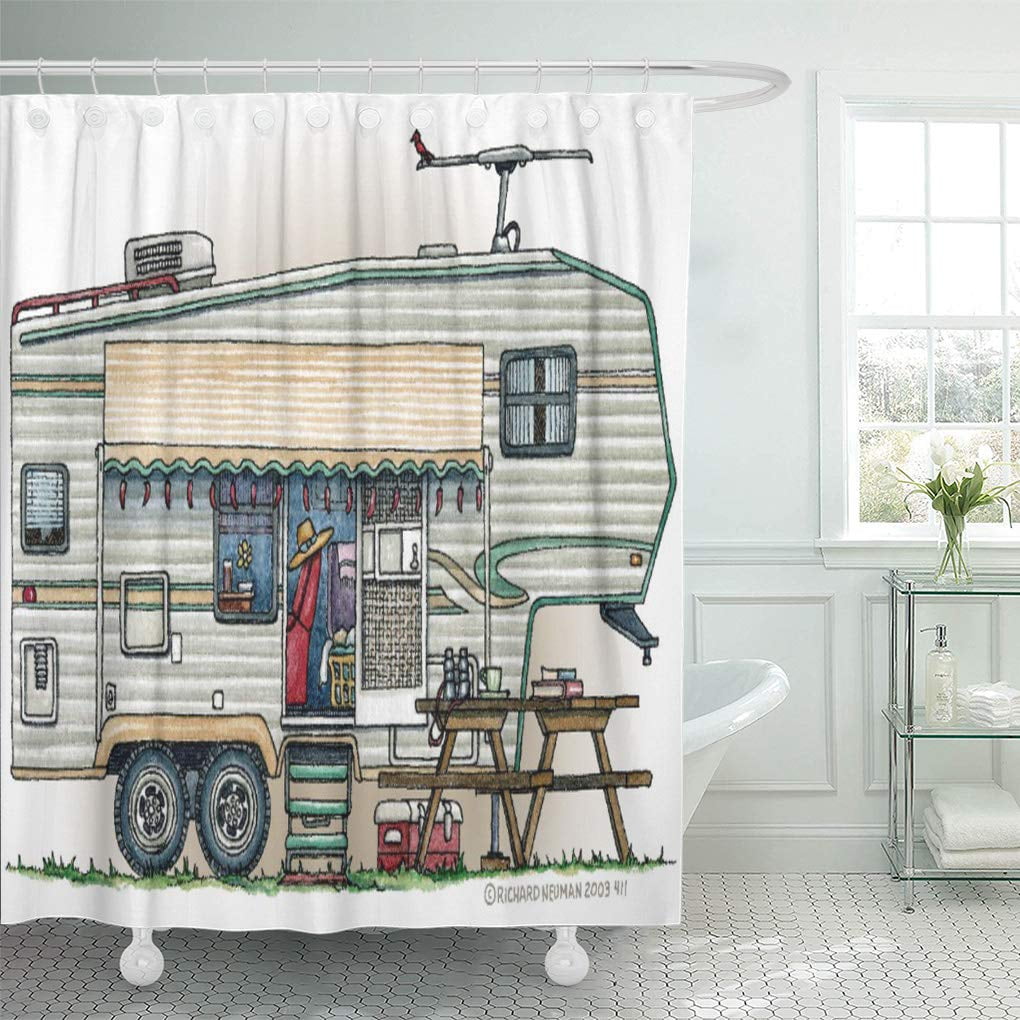 SUTTOM Camping Cute Rv Vintage Fifth Wheel Camper Trailer Rally Shower