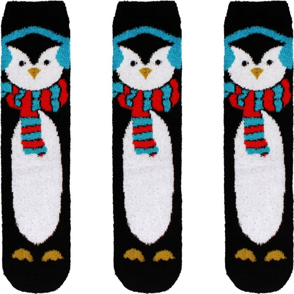 Women's Cute Fuzzy Cozy Super Warm Christmas Xmas Animal Indoor Outdoor Cabin Crew Home Socks, 3 Pairs, 04 Penguin