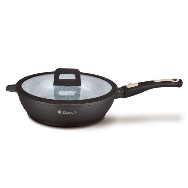 Dorsch Lifetime Deep Fry Pan 28cm with Glass Lid, featuring a die-cast aluminum body with a non-stick PROGLIDER multilayer ceramic coating. The pan is free of PTFE and PFOA, ensuring safe and healthy cooking. It includes a removable silicone handle and a transparent glass lid with a sturdy handle. Suitable for all heat sources, including induction, and easy to clean with soapy water. TUV certified for safety.