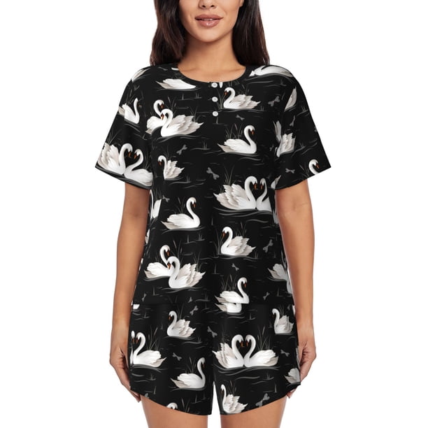 Balery Swan And Dragonflies Conjunto de Pijama para Mujer con Estampado, Dos Piezas de Manga Corta y Shorts, Ropa de Dormir Suave con Cuello Redondo y Bolsillos-X-Large