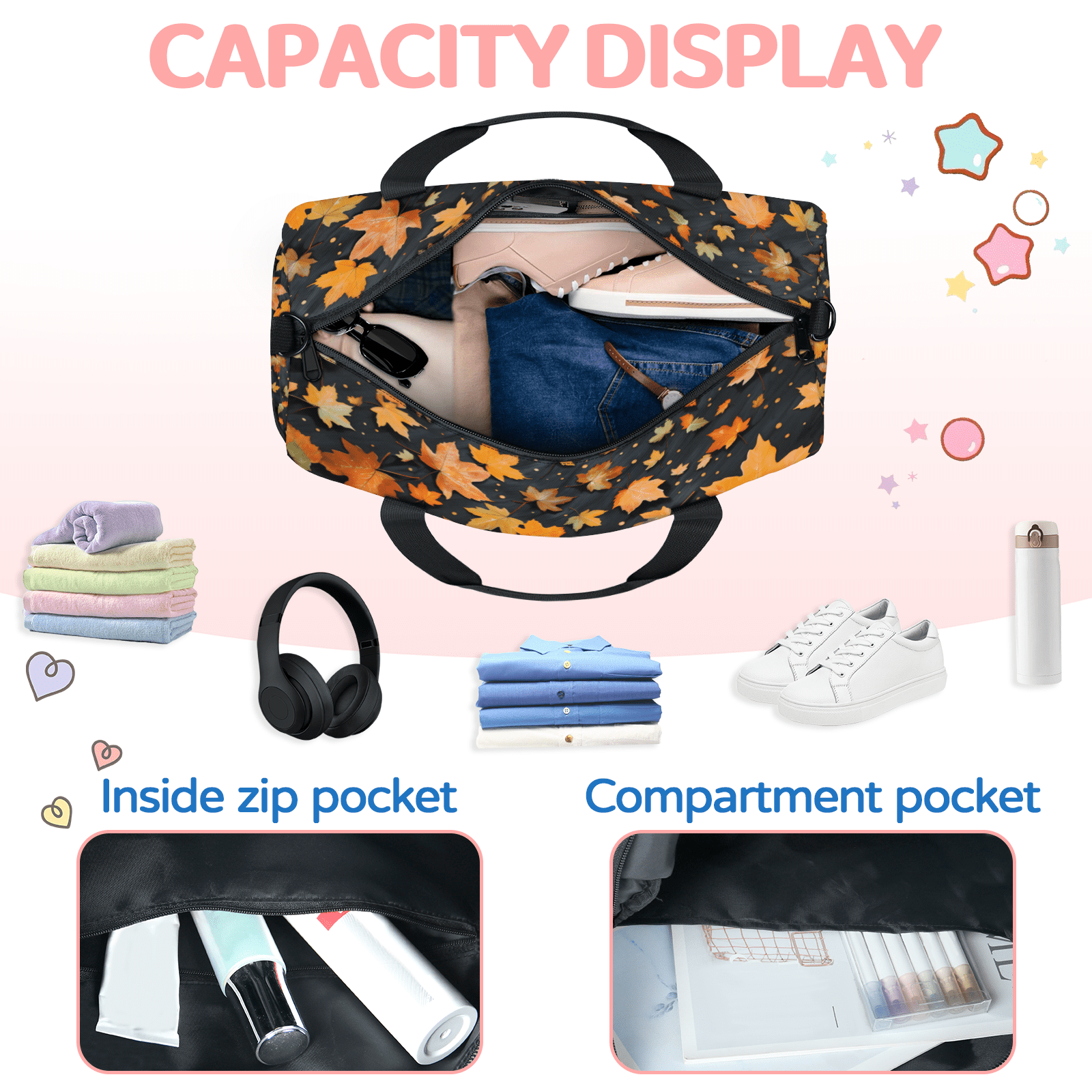 Herdesigns Maple Leaves Gym Bag for Women, Duffle Bag for Travel Sport, Lightweight Waterproof Carry on Weekender Overnight Dance Yoga Workout Bags