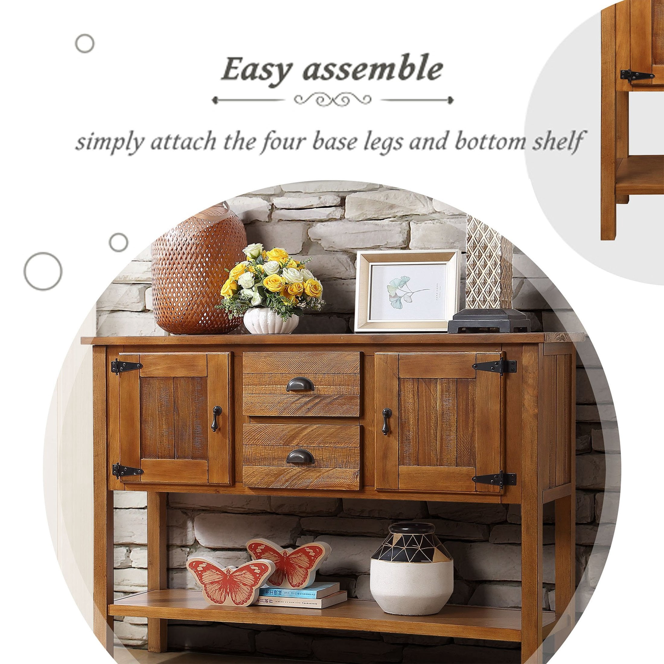 Noble House Warren Modern Entryway Console Table, Pine Wood Frame with Drawers, Cabinets and Shelf, Brown