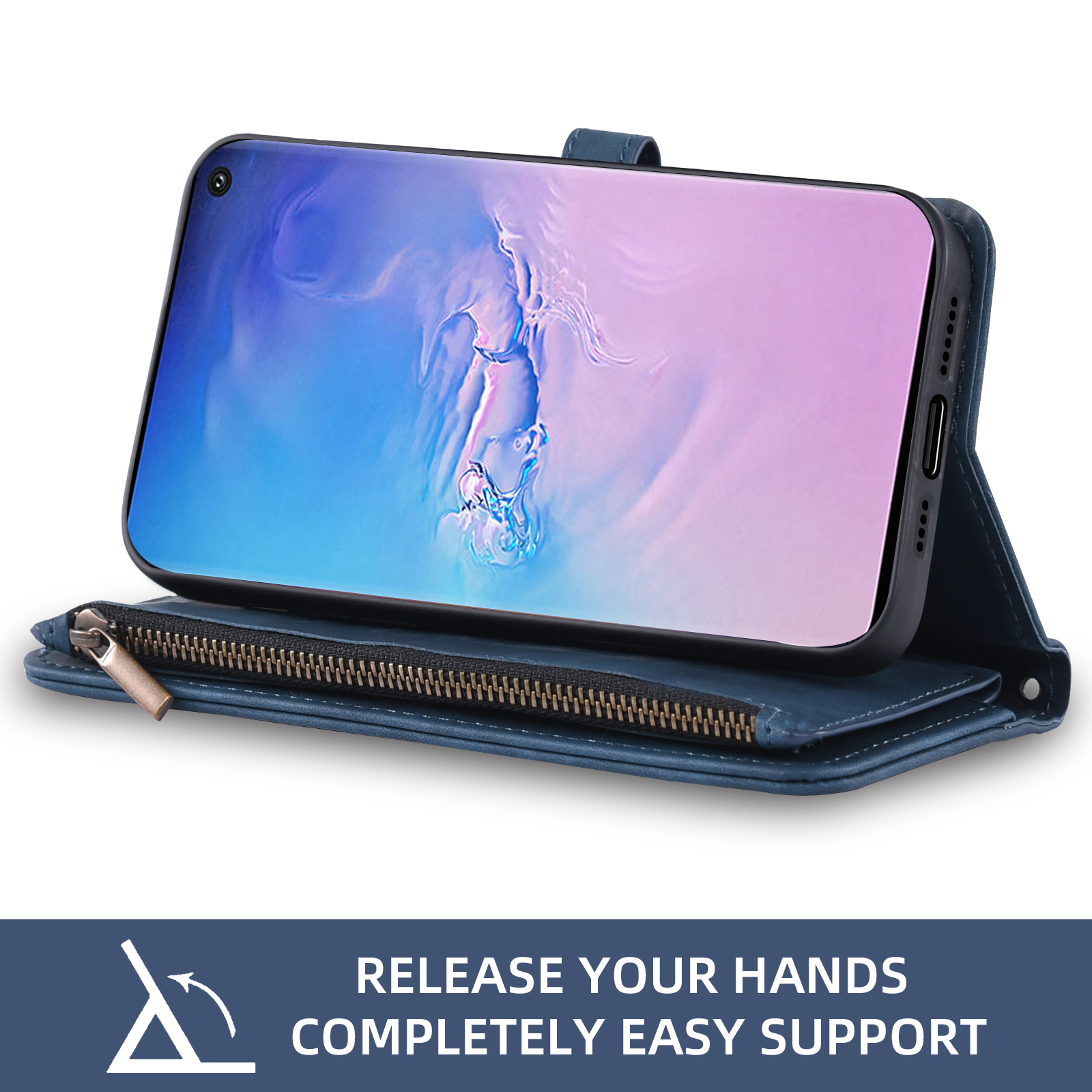 Asuwish Phone Case for Samsung Galaxy S10 Wallet Cover With Tempered Glass Screen Protector Crossbody Wrist Strap Flip Pattern Zipper Credit Card Holder Stand Cell S 10 Edge 10S GS10 X10 Women Blue