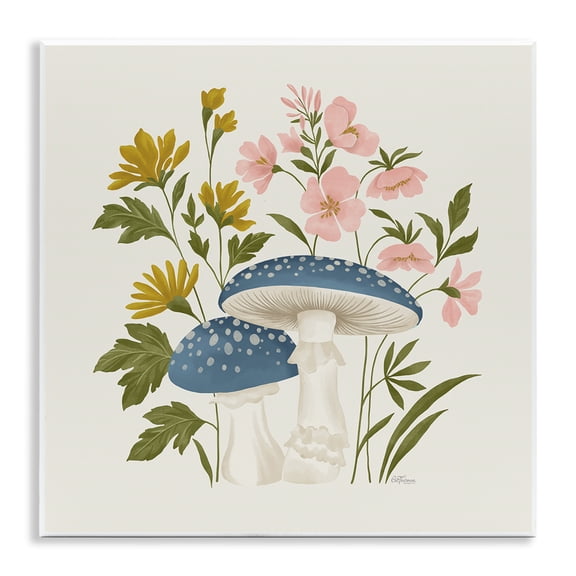 Stupell Industries Blue Mushrooms & Wildflowers Floral Painting Unframed Art Print Wall Art, 12 x 12