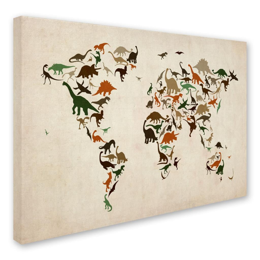 Trademark Art 'Dinosaur World Map 2' Canvas Art by Michael Tompsett