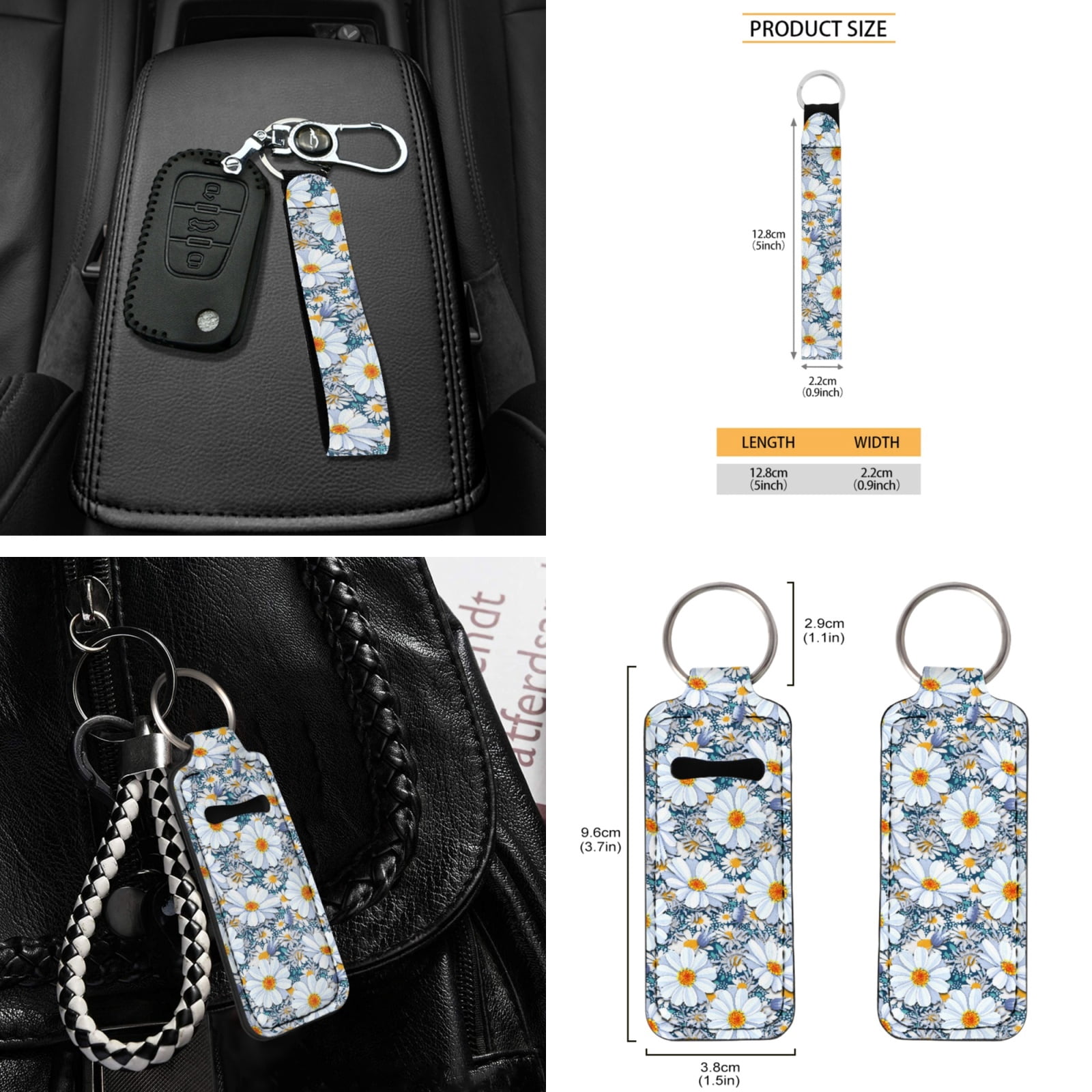 Yuyamidu Daisy Car Seat Covers Set of 16 Floral Steering Wheel Cover Handbrake Cover Gear Shift Knob Cover Seat Belt Covers Car Windshield Sun Shade Rear View Mirror Cover Coasters Key Chain
