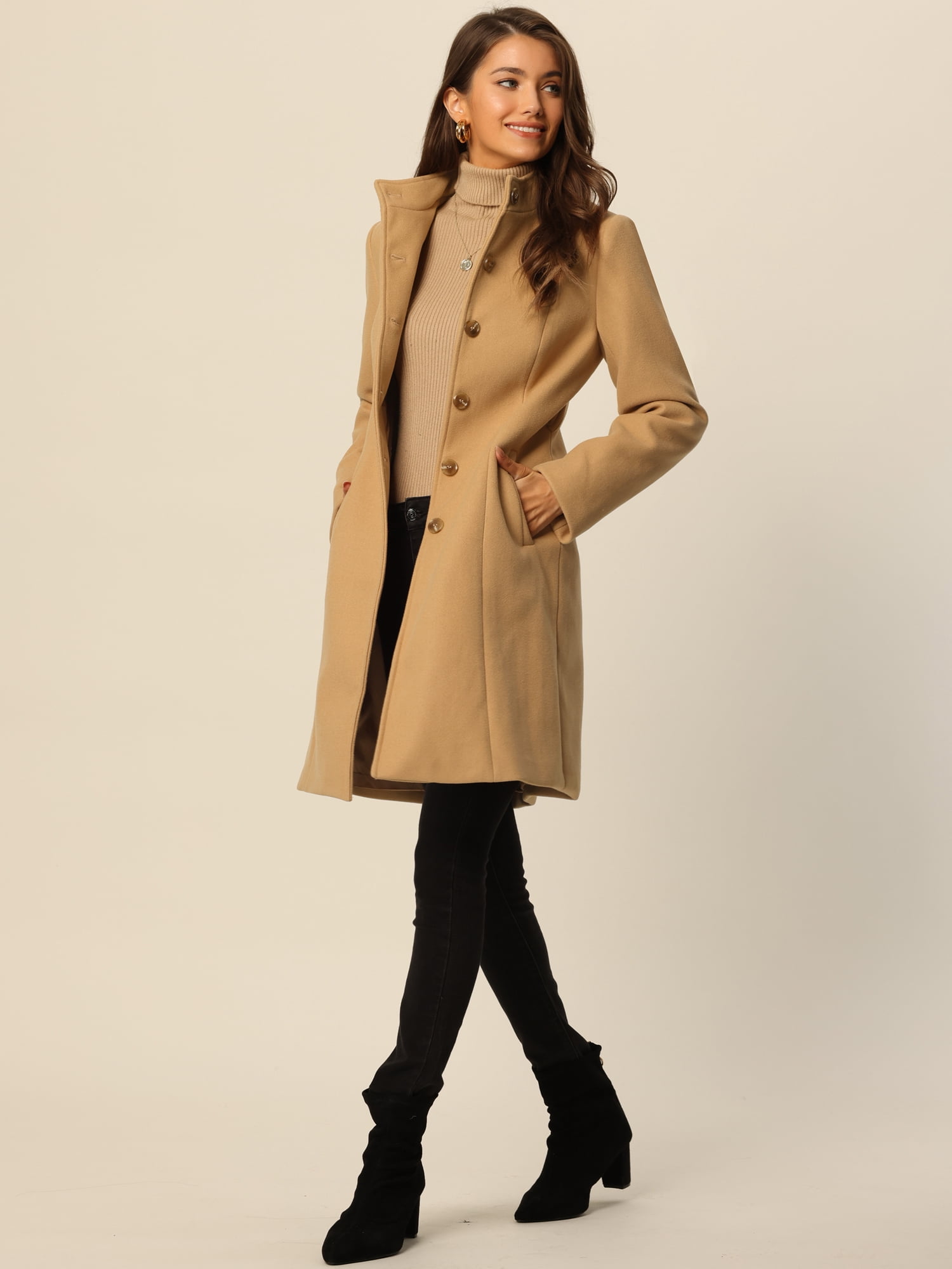 Elegant Women's Midi Peacoat with Pockets and Belt for Winter Fashion XL Khaki