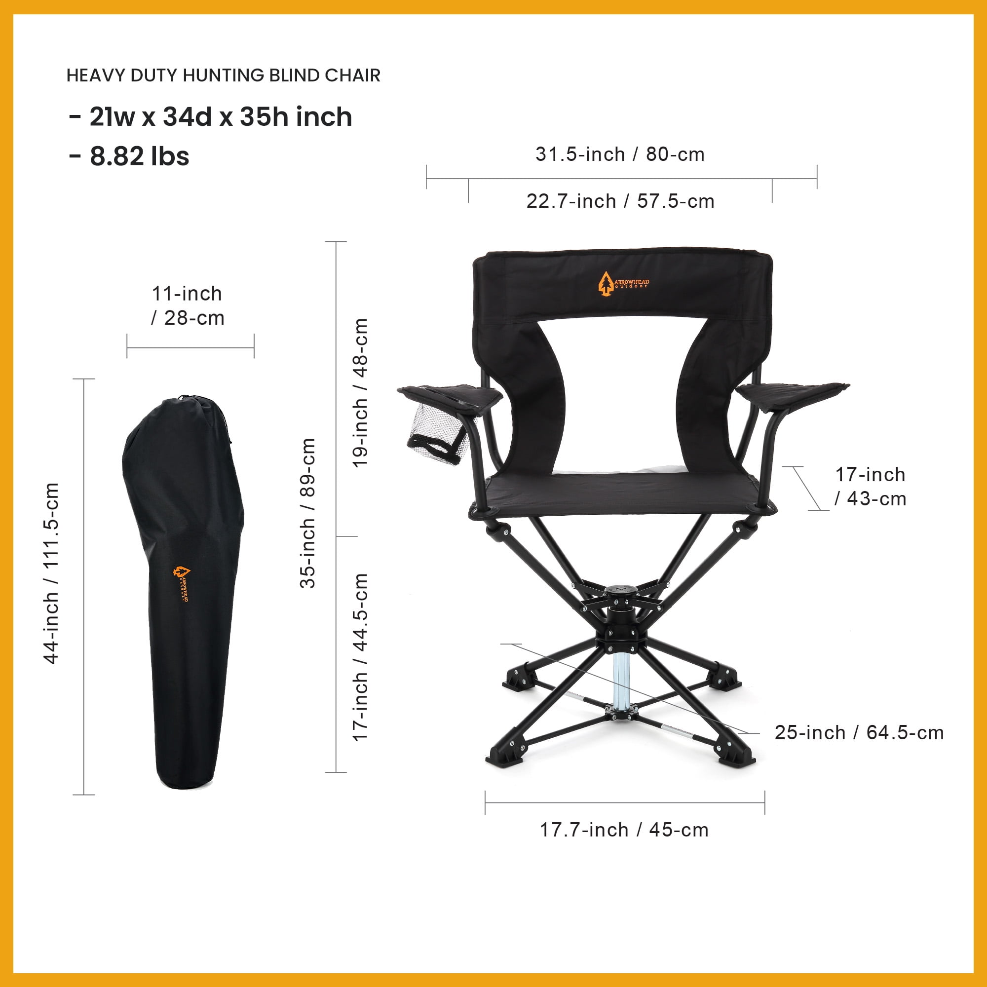 ARROWHEAD OUTDOOR 360° Degree Swivel Hunting Chair w/ Armrests, Perfect for Blinds, No Sink Feet, Supports up to 450lbs, Carrying Case, Steel Frame, Fishing, High-Grade 600D Canvas, USA-Based Support