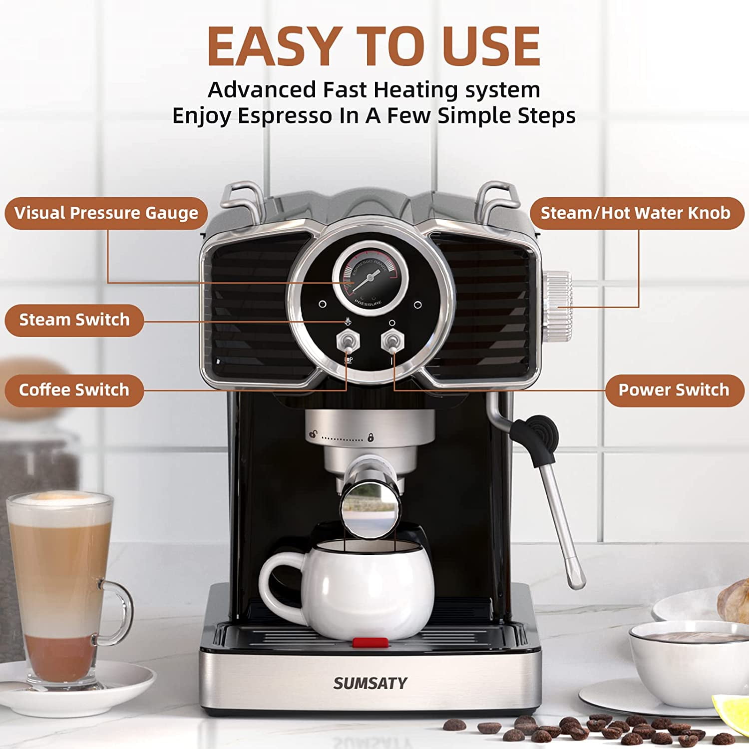 SUMSATY Espresso Machine, Stainless Steel Espresso Machine with Milk Frother  for Latte, Cappuccino, Machiato,for Home Espresso – Coffee Gear