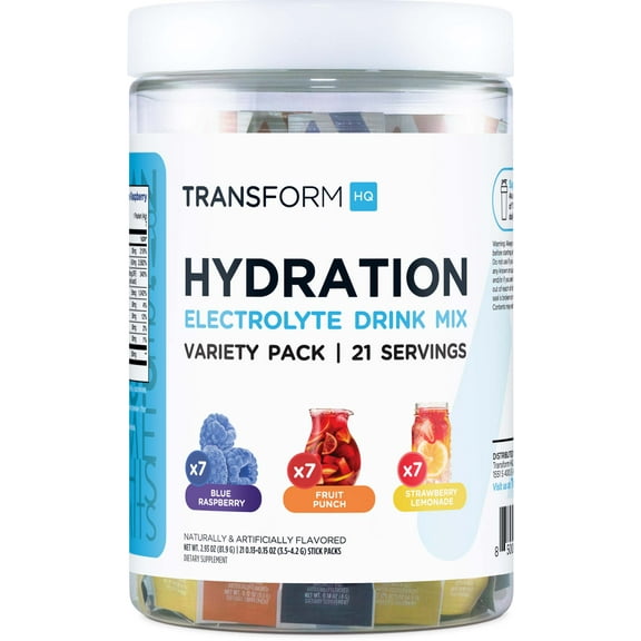 TransformHQ Hydration Drink Mix (21 Single-Serving Packets, Variety Pack) - Hydration Supplement Blend with Vitamins and Electrolytes