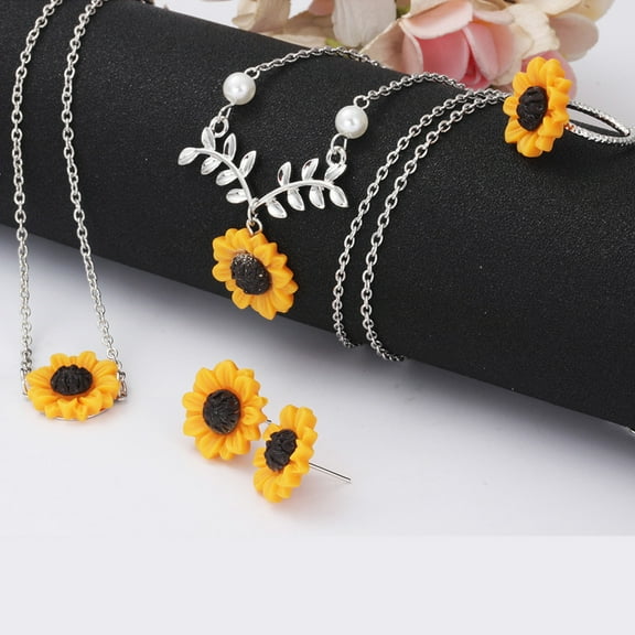 OPOLSKI 5Pcs/Set Sunflower Pendant Necklace Stud Earrings Ring Bracelet Silver