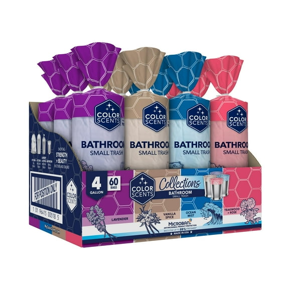 Color Scents Sacs à Ordures Petits - 4 Gallons, 720 Sacs au Total (12 Paquets de 60 Unités), Attaches Torsadées (4 Parfums Uniques + Combo de Couleurs