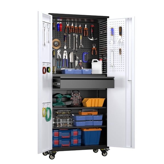 OCHAPA 71" Metal Tool Cabinet on Wheels with 5 Pegboards & Drawer, Lockable Storage for Garage, Warehouse, Black Gray
