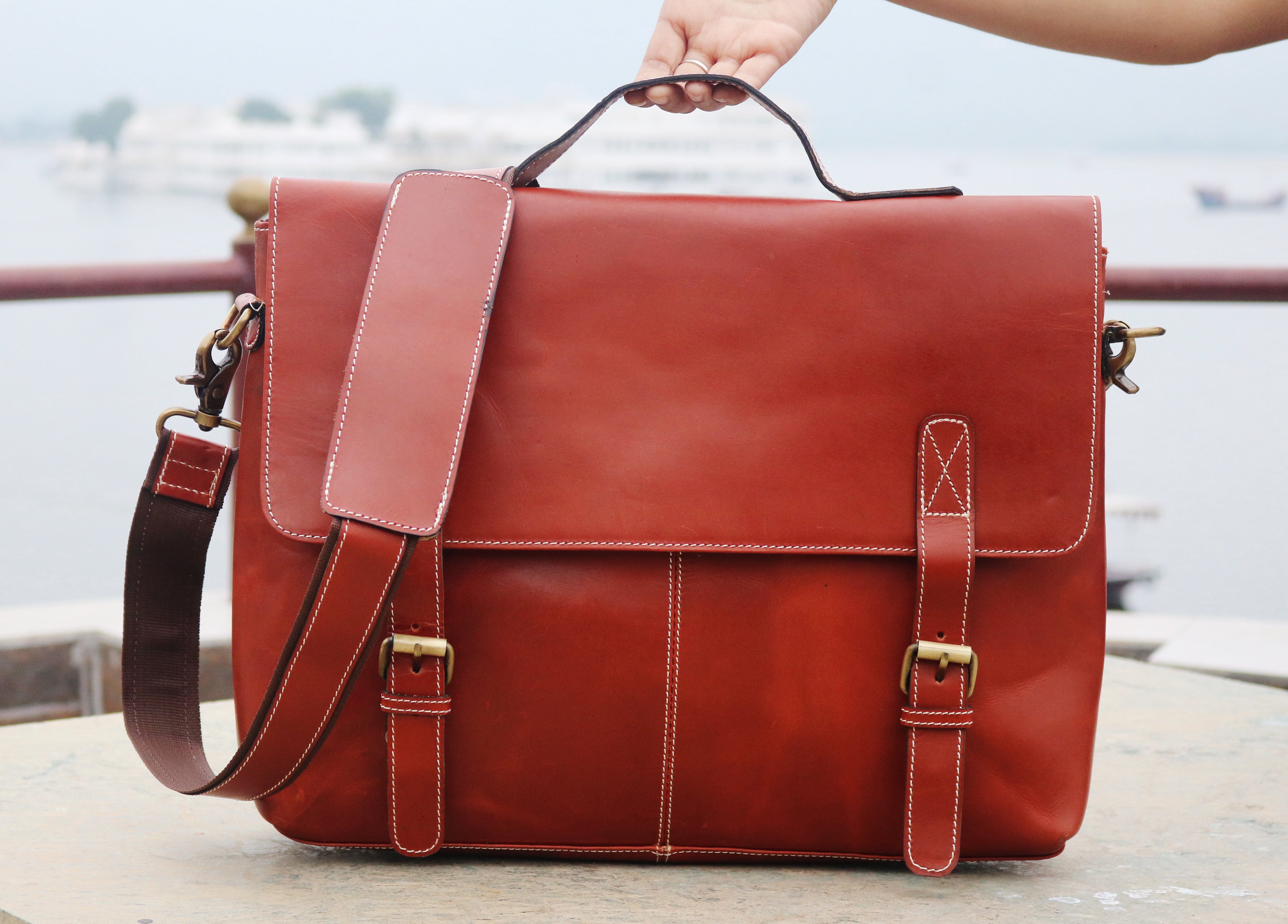 15 inch genuine leather briefcase bag - Handmade crossbody laptop satchel (Orange )