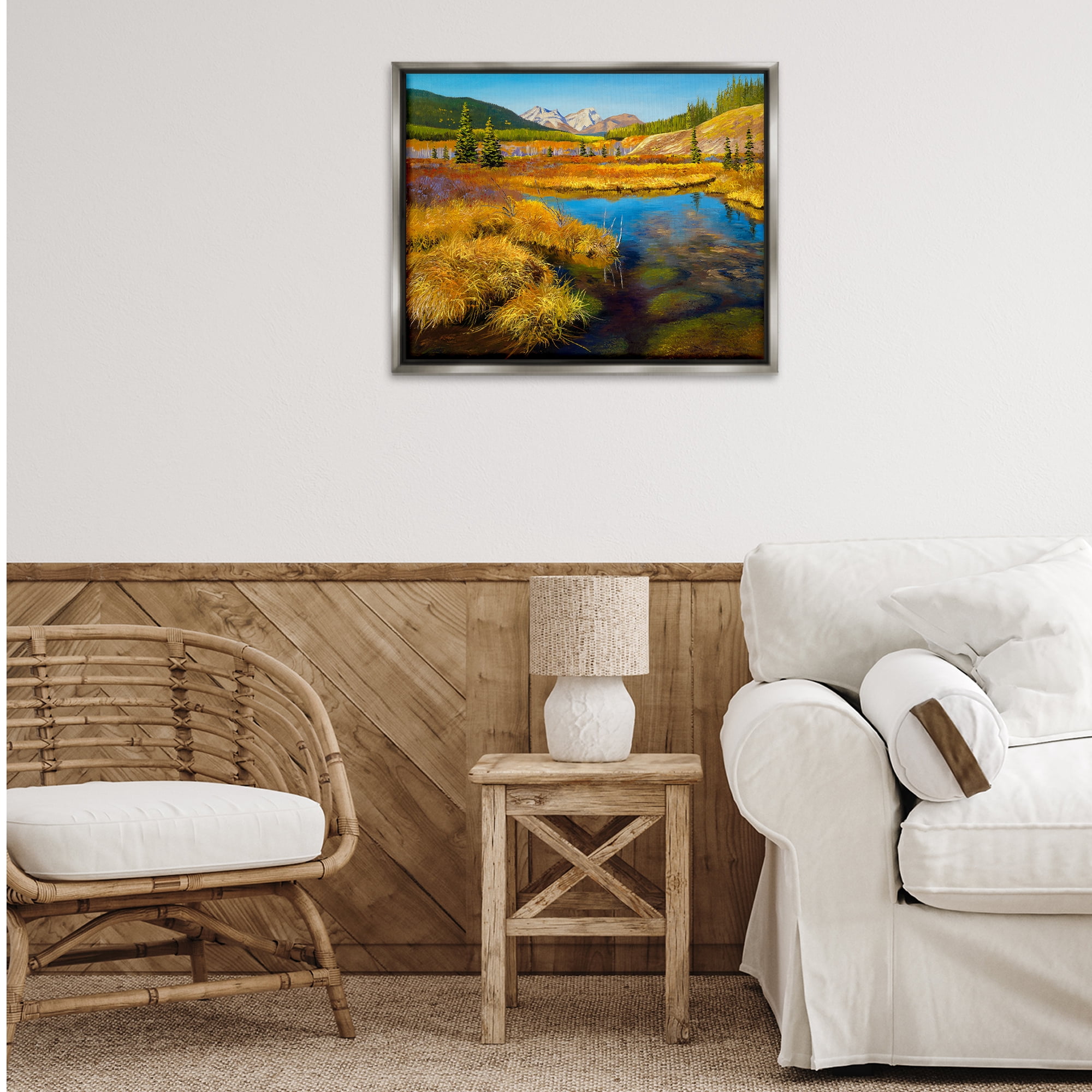 Stupell Industries Lush Pond Landscape Landscape & Nature Painting Gray Floater Framed Canvas Art Print Wall Art, 31 x 25