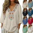 thumbnail image 2 of Embroidered Tops for Women 3/4 Sleeve Boho Cotton Linen Shirts Plus Size Peasant Gauze Blouses Casual Bohemian Shirts (XXL,Beige), 2 of 8