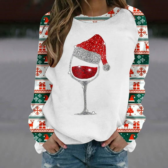 Tetras Christmas Top for Women,Fashion Women's Casual Long Sleeve Round Neck Printed Ladies Hoodless Sweatshirt,Tops Blouse