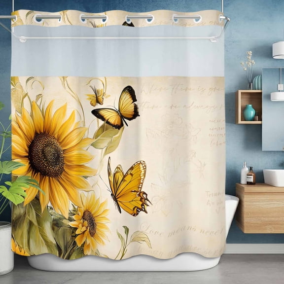 No Hooks Shower Curtain with Snap in Fabric Liner Set, Retro Farm Sunflowers Shower Curtains Waterproof Bathroom Curtain with See Through Top Window,Hotel Style,72x72in Butterfly on Linen