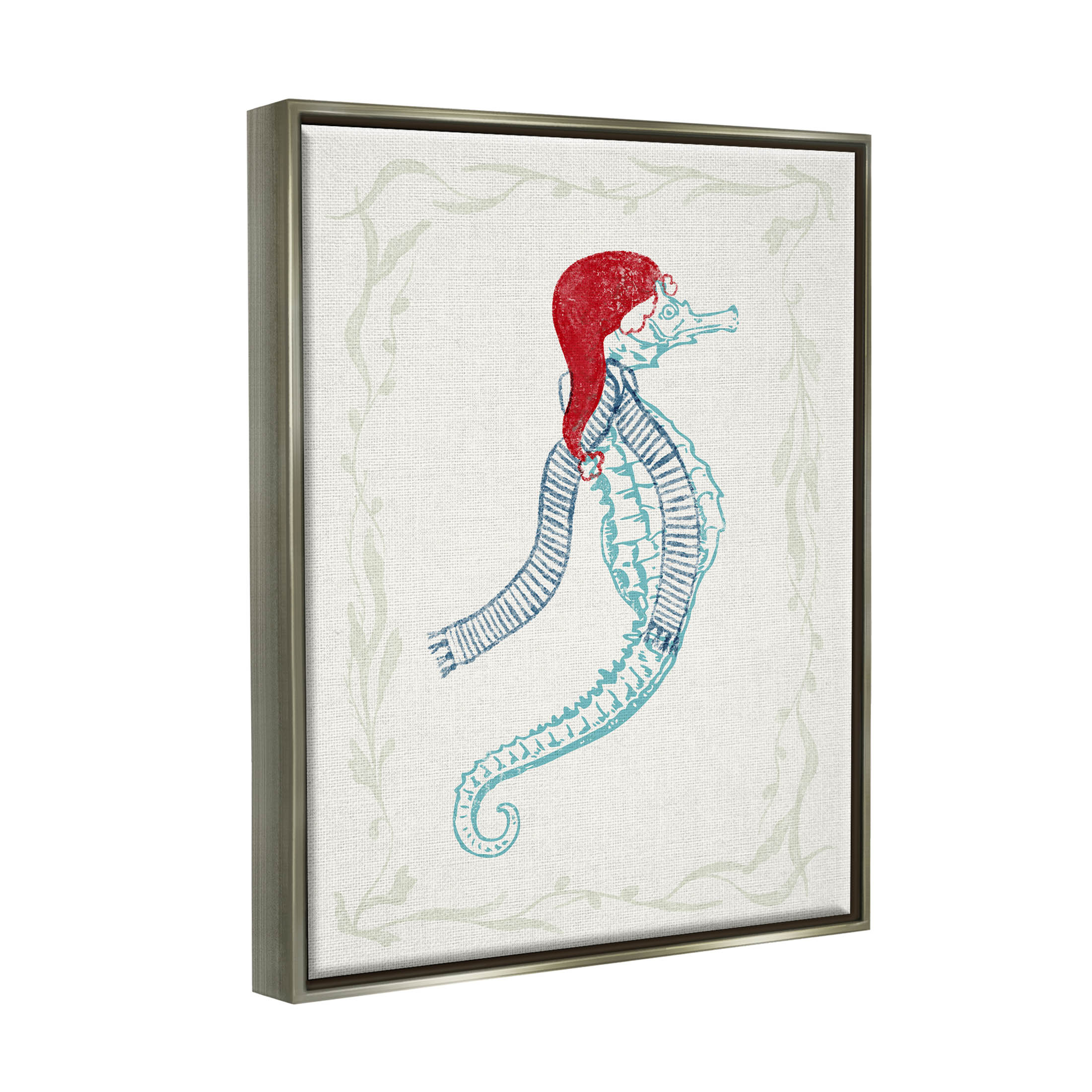 Coastal Christmas Seahorse Santa Holiday Graphic Art Luster Gray Framed Art Print Wall Art