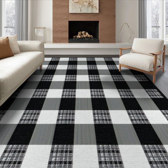 ODIKA 8'x10' Washable Area Rug Non-Shedding, Easy Care, Under Plaid Large Checkered Bold Border Doormat Layering Front for King Size Bedroom Bed, Master Suite