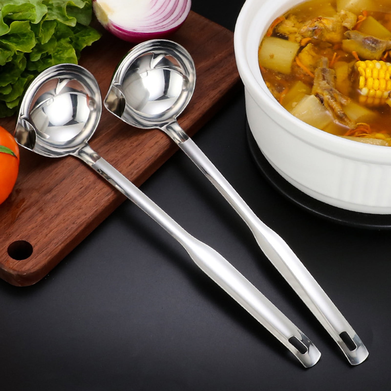 Soup Spoon)26CM Stainless Steel Round Spoon Hot Pot Ladle Dinnerware CS