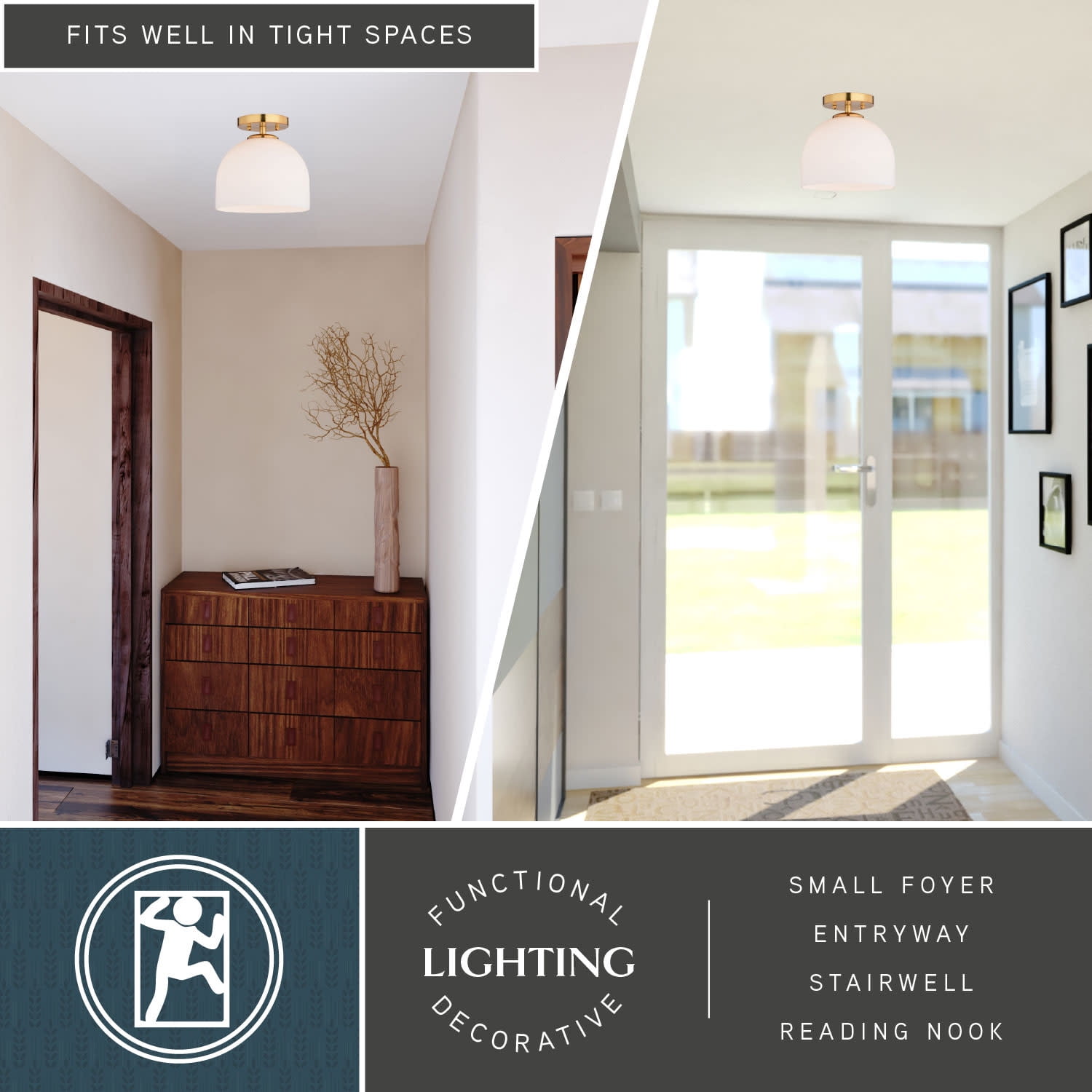 Shelby 9.25-in W Gold Brass Transitional Semi Flush Mount Ceiling Light White Glass