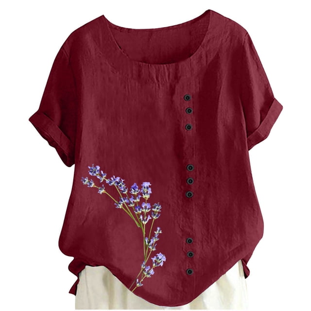 Liquidation! Uooqdmx Chemises en Lin pour Femmes, Chemises à Manches Courtes pour Femmes, Hauts Fluides pour Femmes, Blouse Col Rond Décontractée Coupe Ample Tunique, Hauts en Gaze pour Femmes, Rouge L