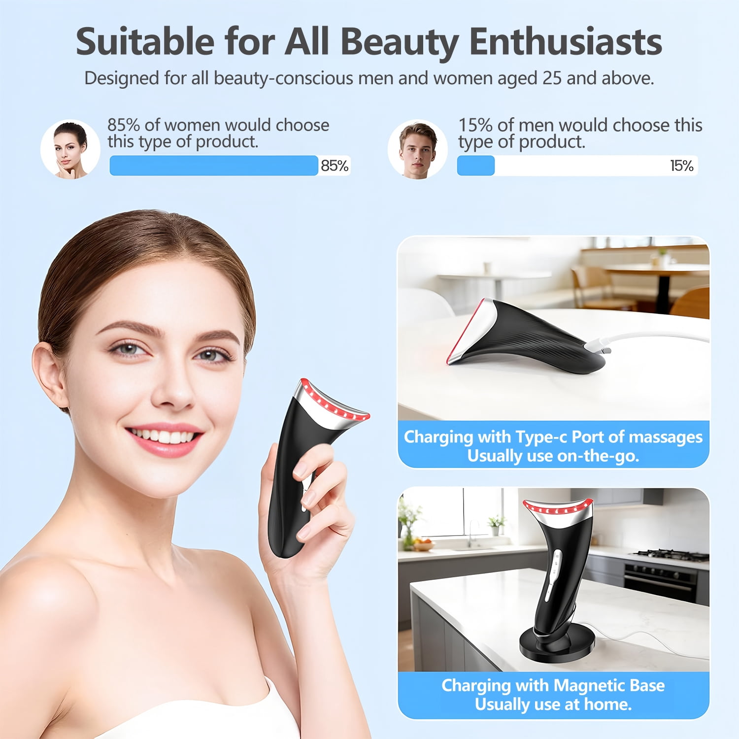 3 Color Red Light Face Neck Massager, Neck Face Beauty Device with Heat Vibration, Portable Skin Facial Sculptor with Base, Black