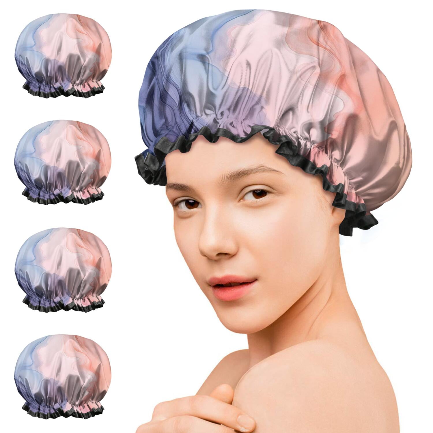 Shower Caps,Blue Red Purple Marble Pattern Waterproof Shower Cap for Women 4 Pieces,Double Reusable Hair Cover for Shower PEVA Elastic Stretch Hem