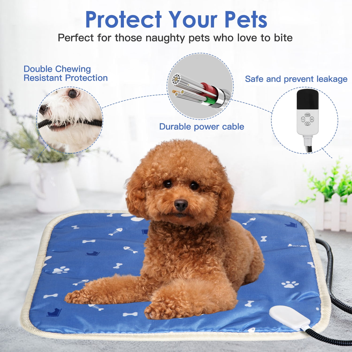 Pet Heating Pad, Electric Dog Cat Warming Pad Waterproof with 9 Heating Levels 4 Timer Setting Constan on Function Chewing Resistant, Blue S