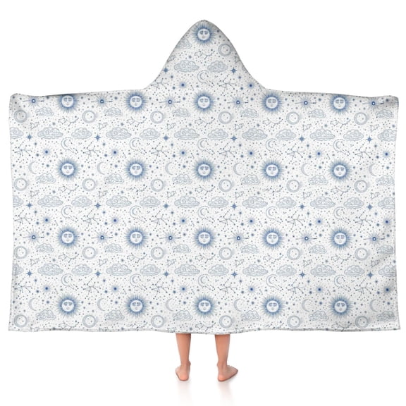 White Blue Sun Moon Cloud Star Pattern Hooded Bath Towel,50"x30" for Ages 3 To 12 Kids, Quick Dry Lightweight Soft Microfiber Hood Beach Towel Cover Up for Kids