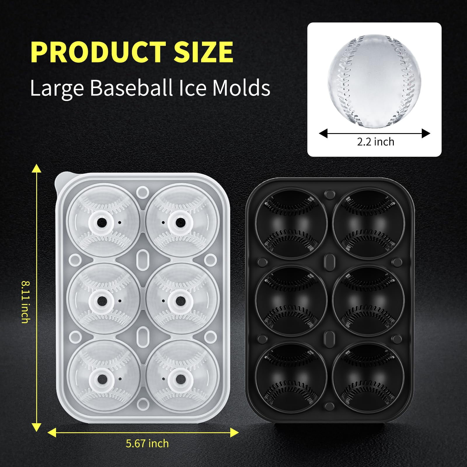 6 Chamber 2.2" 3d Baseball Gifts Ice Cube Tray With Funnel Large Round Ball Maker Mold Silicone Fun Shapes Sphere Molds For Chilling Brandy And Beverages