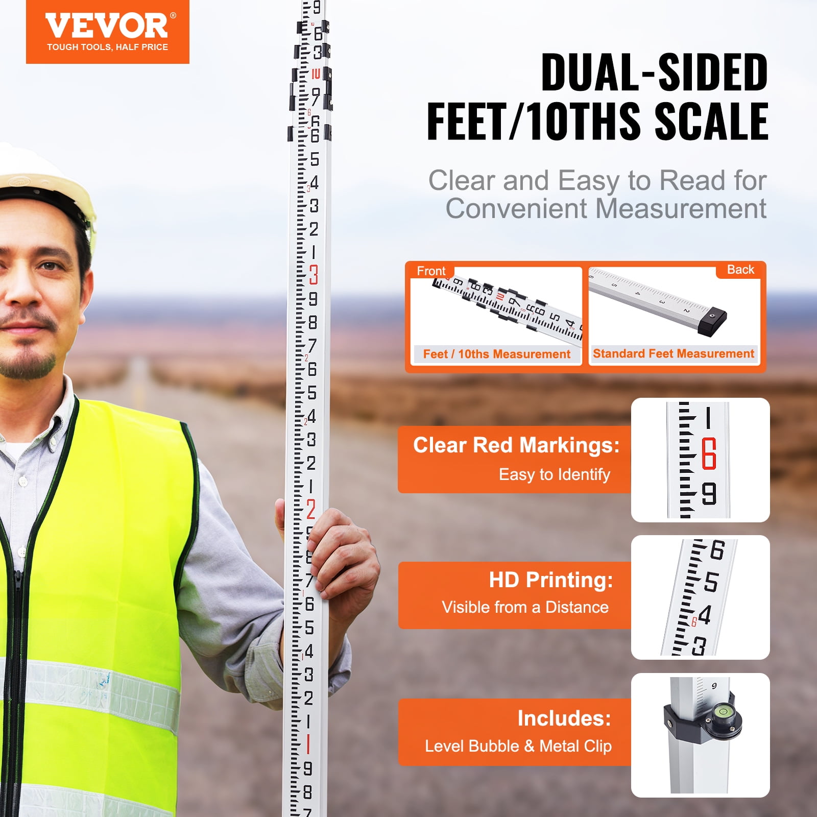 VEVOR Aluminum Grade Rod,20-Feet/10ths 6 Sections Telescopic Measuring Rod,Double-Sided Scale 1/10ft Leveling Rod Stick,Aluminum Alloy Survey Rod w/ Bubble Level &Carrying Bag for Houses,Walls,Floor