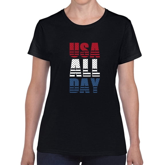 Usa All Day America Patriotic Graphic Women Black T-Shirt, Female Large